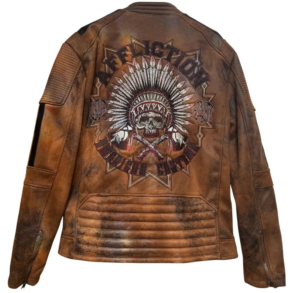 AFFLICTION Distressed Biker Jacket Embroidered Native Skull Zip-up Men's size XL